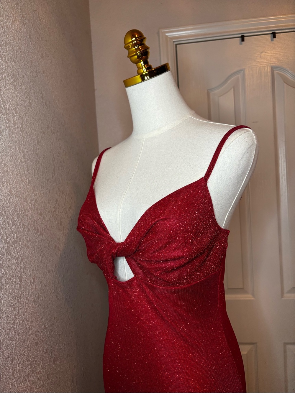 Red Glitter Knot-Front Spaghetti Strap Dress